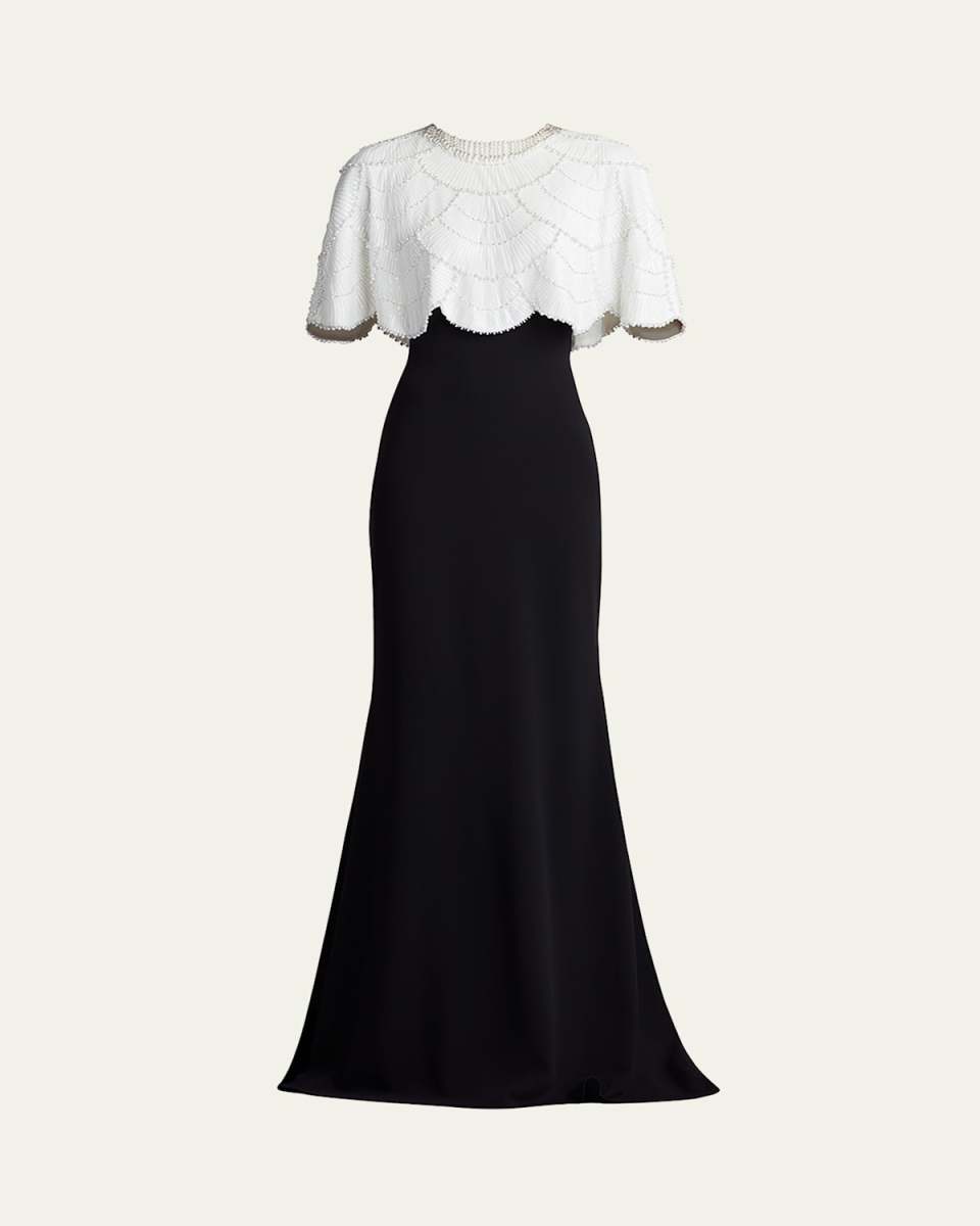 Bead & Sequin Cape Trumpet Gown